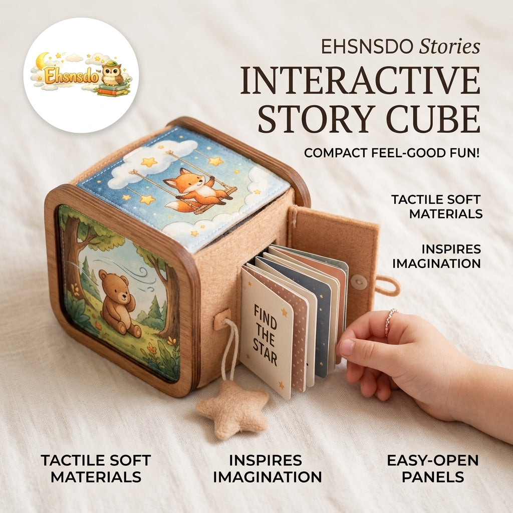 Ehsnsdo™ Interactive Story Cube for Toddlers, Soft Sensory Story Box with Easy-Open Panels, Tactile Fabric Baby Activity Toy, Imaginative Storytelling Cube, Compact Travel Quiet Toy for Kids