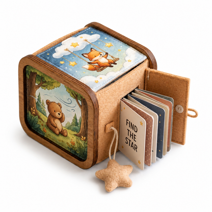 Ehsnsdo™ Interactive Story Cube for Toddlers, Soft Sensory Story Box with Easy-Open Panels, Tactile Fabric Baby Activity Toy, Imaginative Storytelling Cube, Compact Travel Quiet Toy for Kids