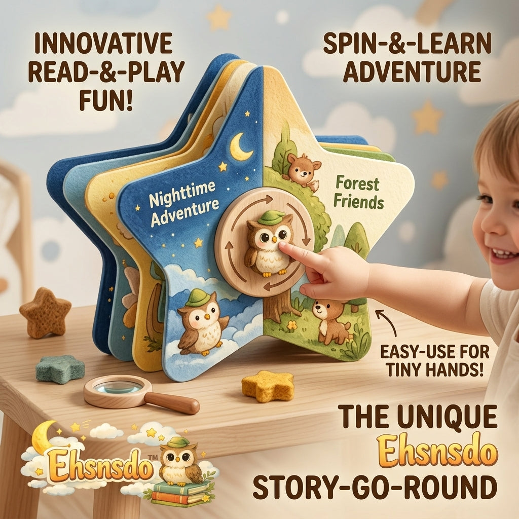 Ehsnsdo™ Spin & Learn Story-Go-Round Star Book for Toddlers, Interactive Read-and-Play Wooden Busy Book, Early Learning Sensory Toy, Fine Motor Skills Activity Book, Bedtime Story Toy for Ages 1-3