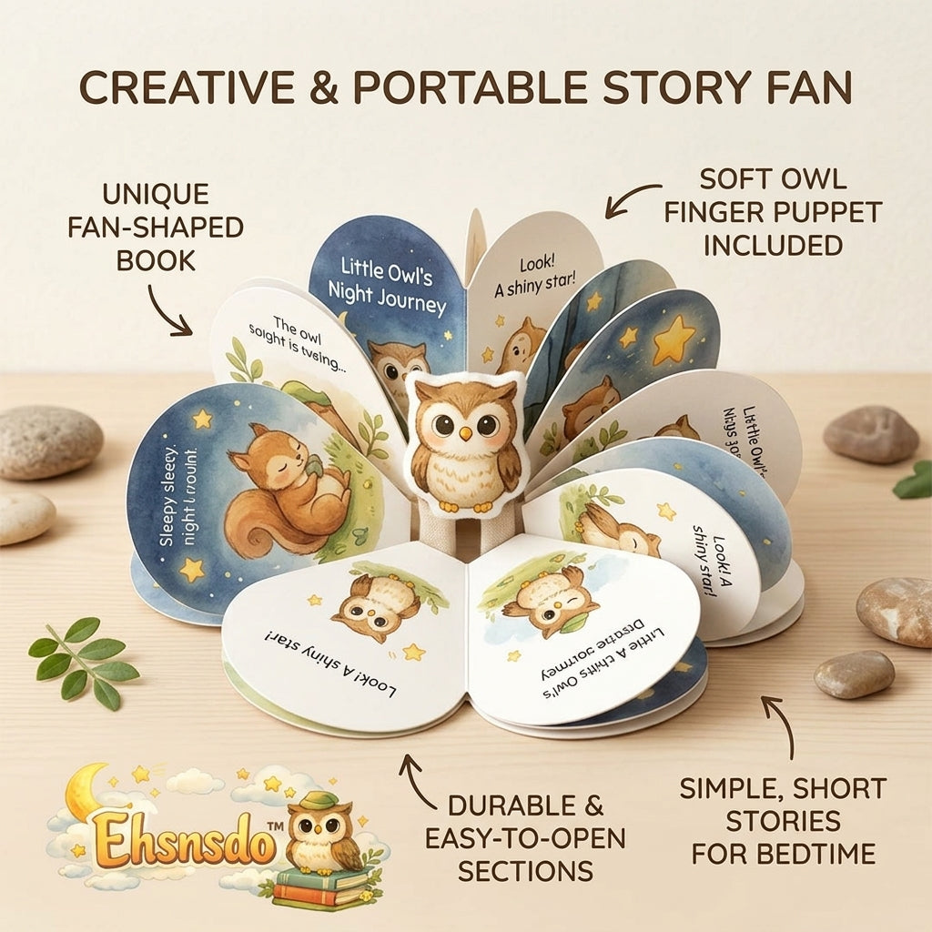 Ehsnsdo™ Creative & Portable Owl Story Fan Book for Toddlers, Interactive Bedtime Board Book with Soft Owl Finger Puppet, Fan-Shaped Baby Story Book, Early Learning Reading Toy, Short Nighttime Stories for Boys and Girls