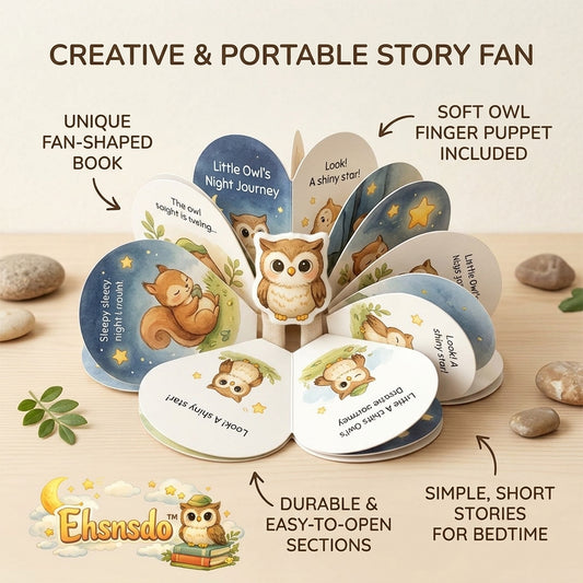 Ehsnsdo™ Creative & Portable Owl Story Fan Book for Toddlers, Interactive Bedtime Board Book with Soft Owl Finger Puppet, Fan-Shaped Baby Story Book, Early Learning Reading Toy, Short Nighttime Stories for Boys and Girls