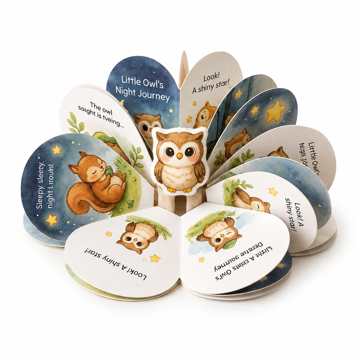 Ehsnsdo™ Creative & Portable Owl Story Fan Book for Toddlers, Interactive Bedtime Board Book with Soft Owl Finger Puppet, Fan-Shaped Baby Story Book, Early Learning Reading Toy, Short Nighttime Stories for Boys and Girls